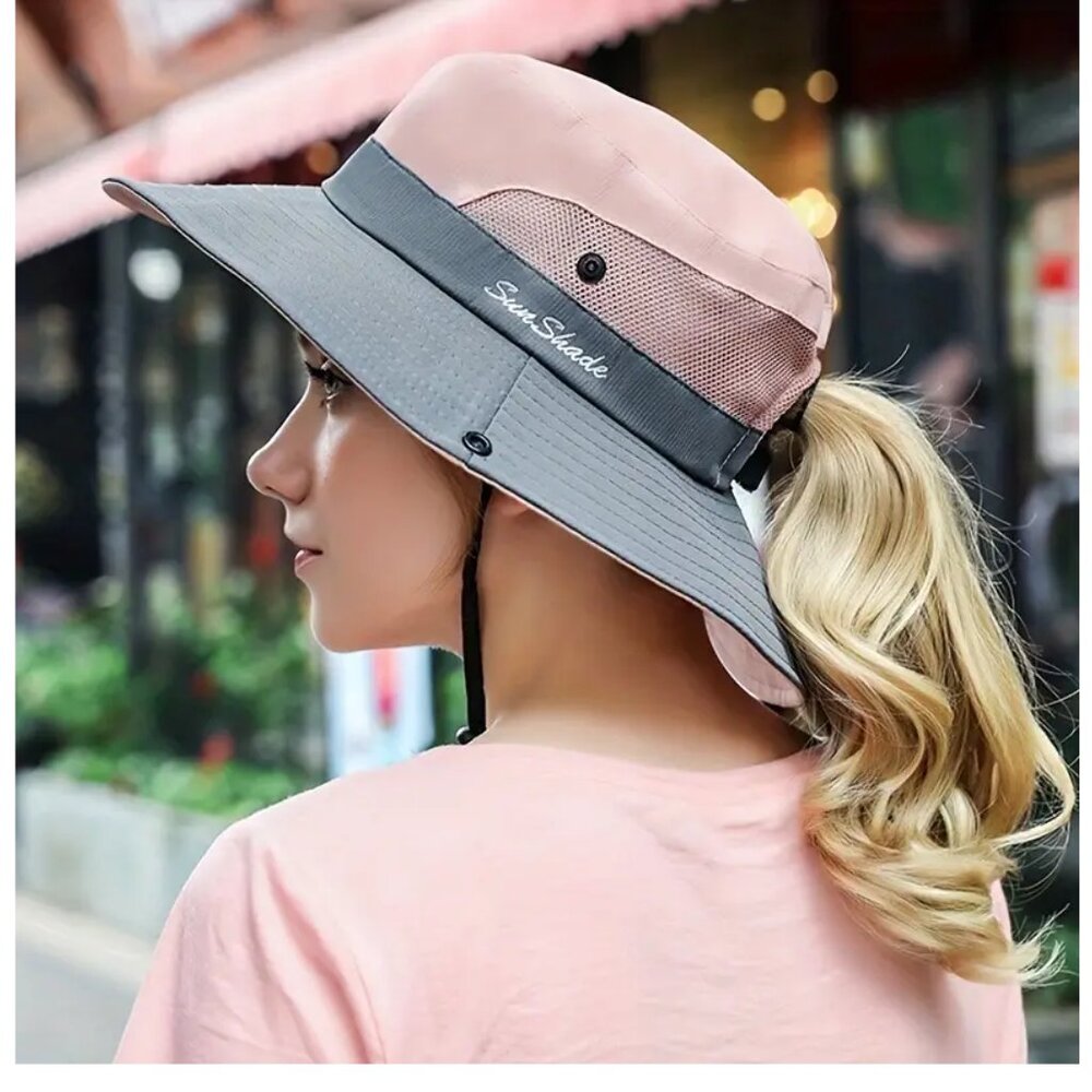 NiB Fun Sun Protection! Unisex Wide Brim Safari, Sun, Fishing Hat Ponytail